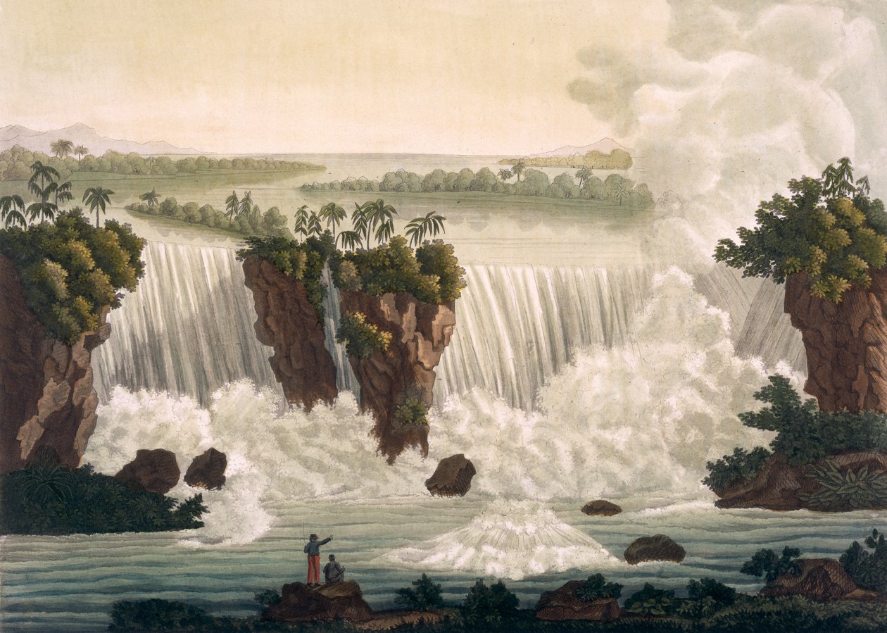Cataratas do Niágara, 1818, de &39;Le Costume Ancien et Moderne&39;, Volume I, prato 30, de Jules Ferrario, publicado c.1820s-30s (gravura colorida) de Paolo Fumagalli