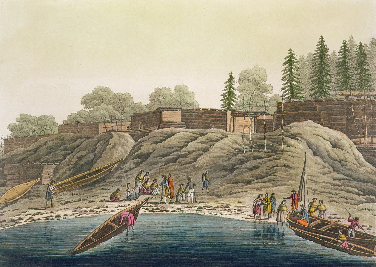 Índios de Nutka trocando presentes com exploradores europeus ou baleeiros, de &39;Le Costume Ancien et Moderne&39;, Volume I, prato 18, por Jules Ferrario, publicado c.1820s-30s de Paolo Fumagalli