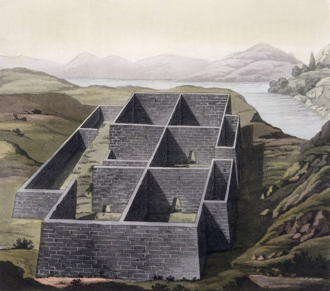 Restos de um palácio Inca em Callo, Peru, de &39;Le Costume Ancien et Moderne&39;, Volume II, placa 23, por Jules Ferrario, publicado c.1820s-30s de Paolo Fumagalli