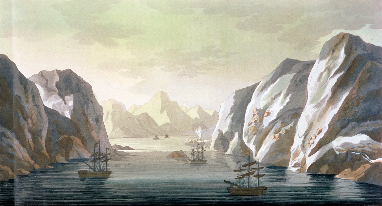Buscando a Passagem do Noroeste - a Viagem Britânica a Spitzbergen, 1818, de "Le Costume Ancien et Moderne", Volume I, placa 28, por Jules Ferrario, publicado c.1820s-30s de Paolo Fumagalli