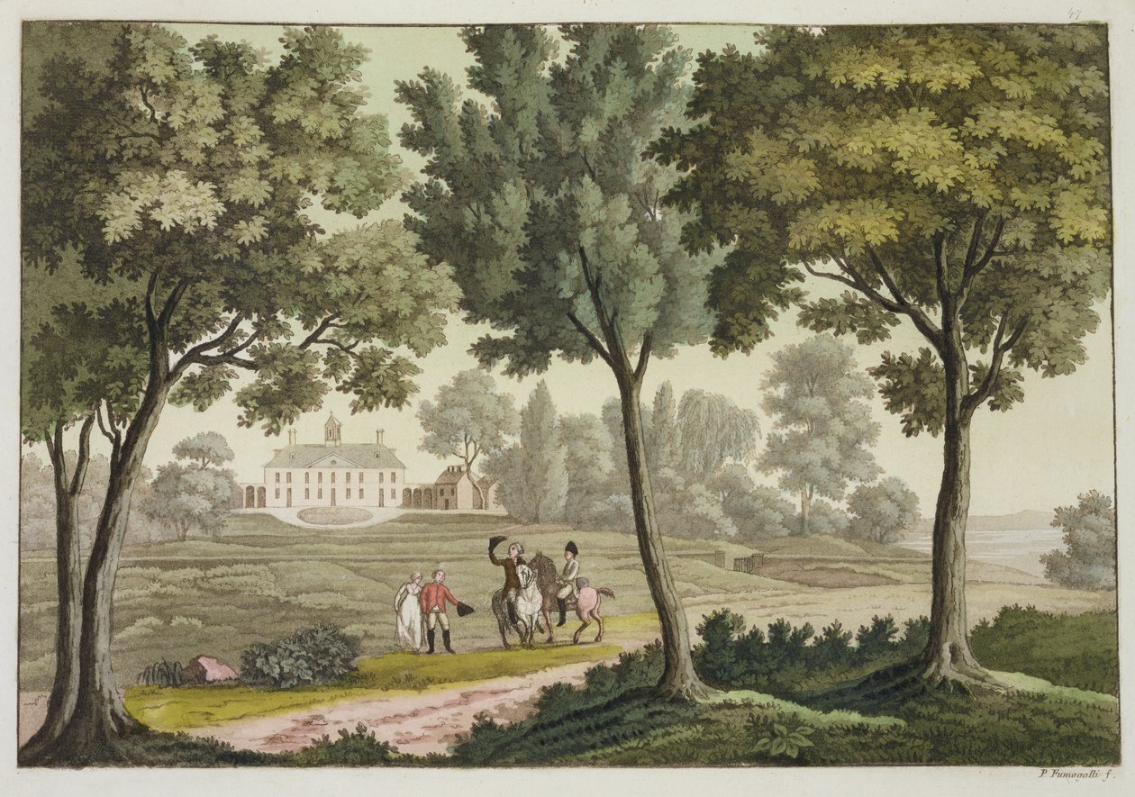 A casa de Washington em Mount Vernon, de "Le Costume Ancien et Moderne", prato 39, de Jules Ferrario, publicada em 1820-30 (gravura a cores) de Paolo Fumagalli