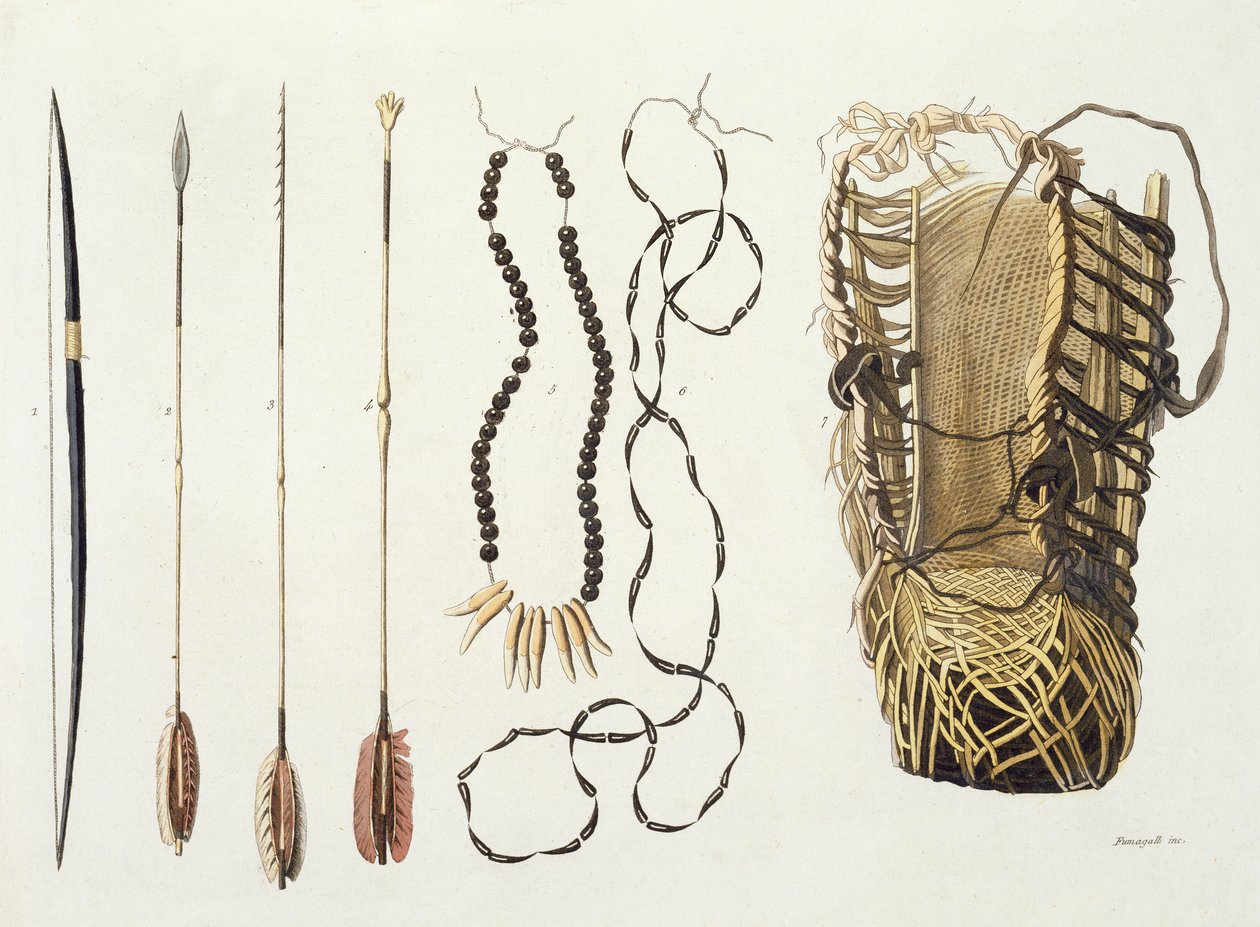 Armas, ferramentas e jóias das tribos Puri e Botocudos, região do Rio Grande, Paraguai e Brasil, de &39;Le Costume Ancien et Moderne&39;, Volume II, placa 43, por Jules Ferrario, publicado c.1820s-30s (c de Paolo Fumagalli