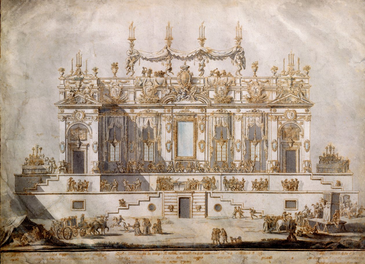 Seção transversal de uma casa grande, projeto para a Festa della Chinea, desenhado por G. Palazzi (c.1740-76), 1764 (caneta e tinta e lavar no papel) de Paolo Posi