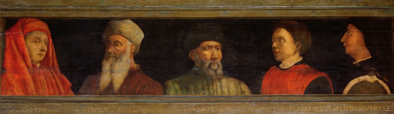 Retratos de Giotto (c.1266-1337) Uccello, Donatello (c.1386-1466) Manetti (c.1405-60) e Brunelleschi (1377-1446) (têmpera no painel) de Paolo Uccello