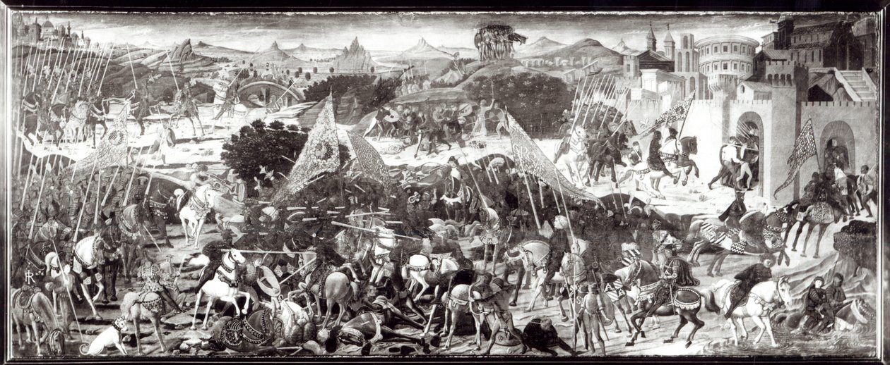Romanos e gauleses lutando ou a batalha em frente aos portões de Roma (têmpera no painel) de Paolo Uccello