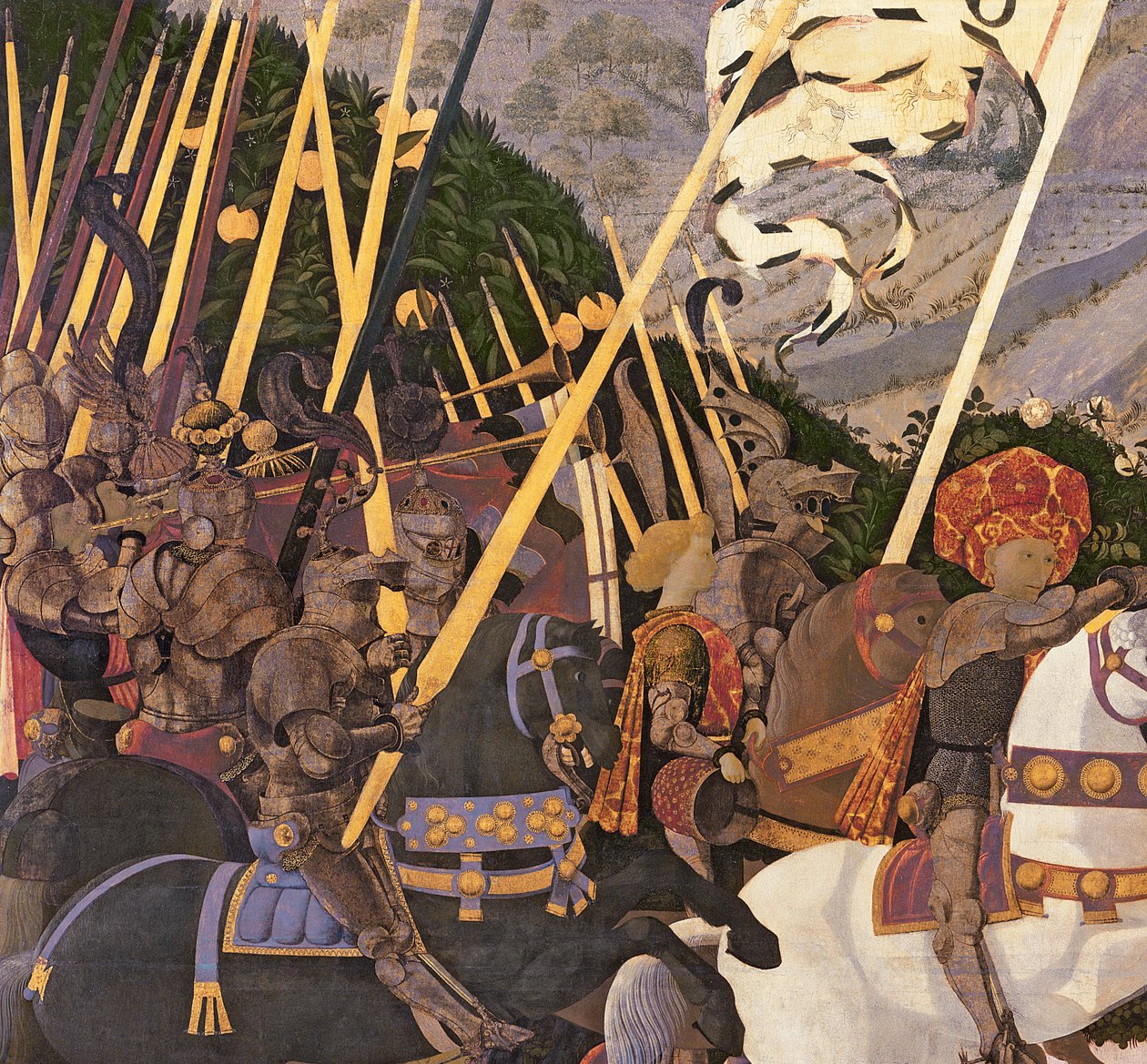 A Batalha de San Romano, c.1450-60 têmpera no detalhe do painel de 30690 de Paolo Uccello