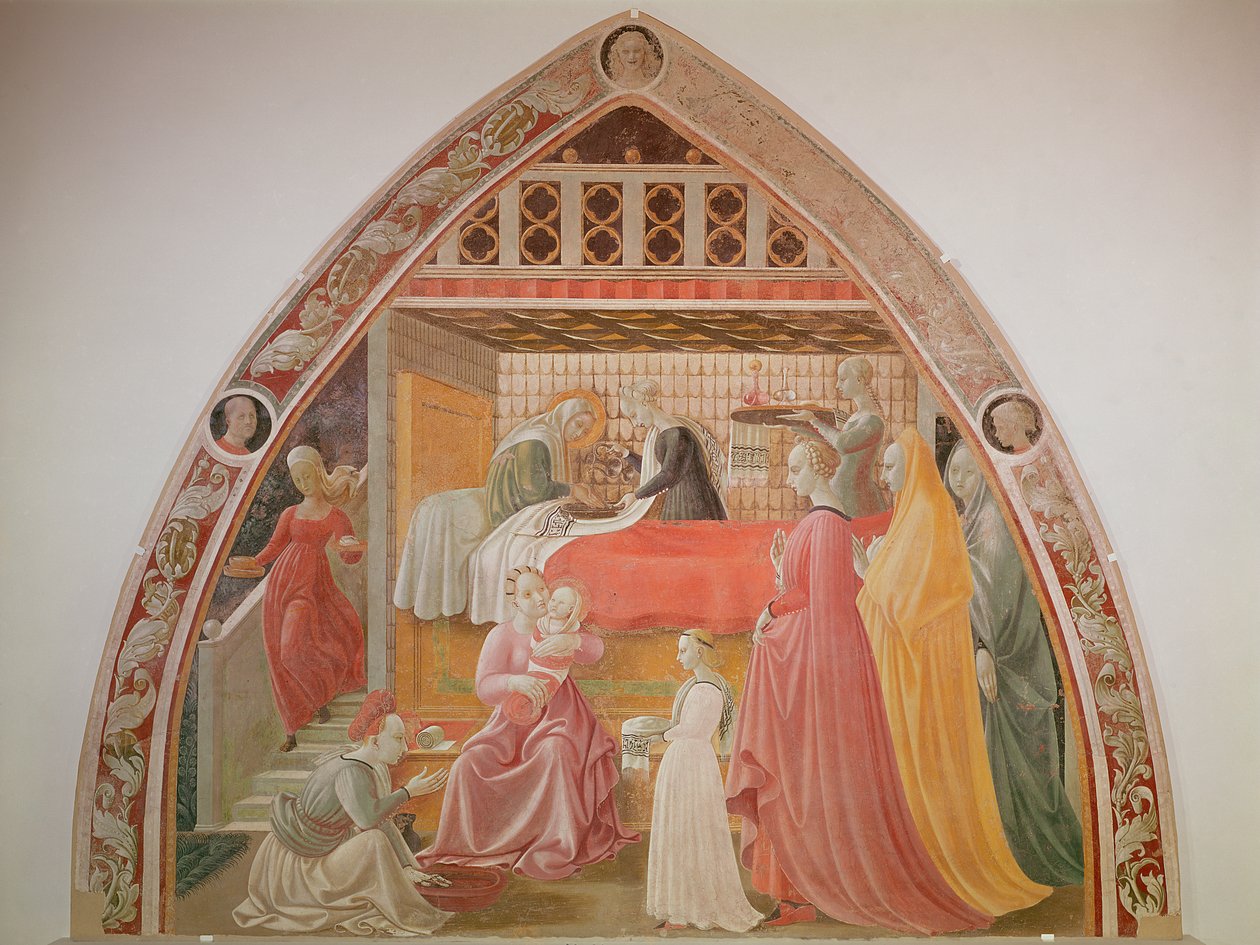 O Nascimento da Virgem, do ciclo das Vidas da Virgem e de Santo Estêvão, da Capela da Assunção (1433-34) de Paolo Uccello