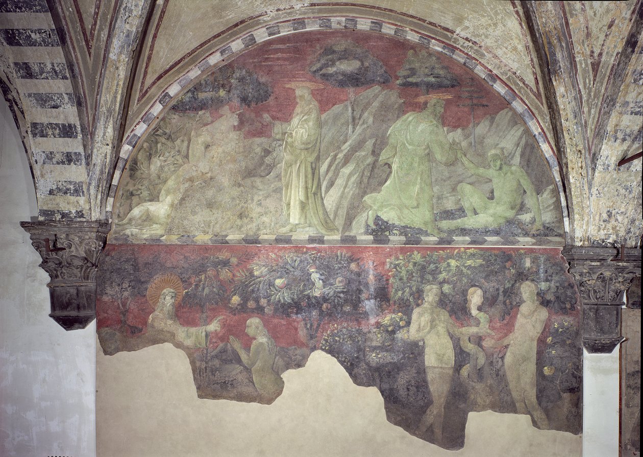 A Criação dos Animais e de Adão (seção superior) a Criação de Eva e o Pecado Original (seção inferior) lunette de Paolo Uccello