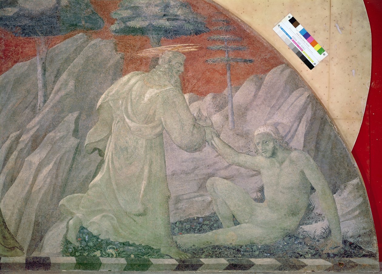 A criação dos animais e de Adam detalhe da criação de Adam, 1430 afresco transferido para a tela de Paolo Uccello