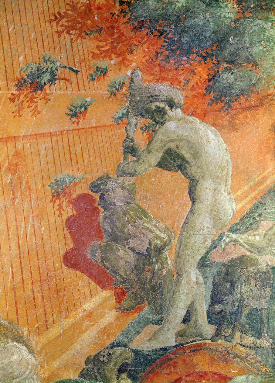O Grande Dilúvio e o Retirada da Água, detalhe do homem contra a fortificação no canto inferior esquerdo, 1446-8 fresco transferido para a tela de Paolo Uccello