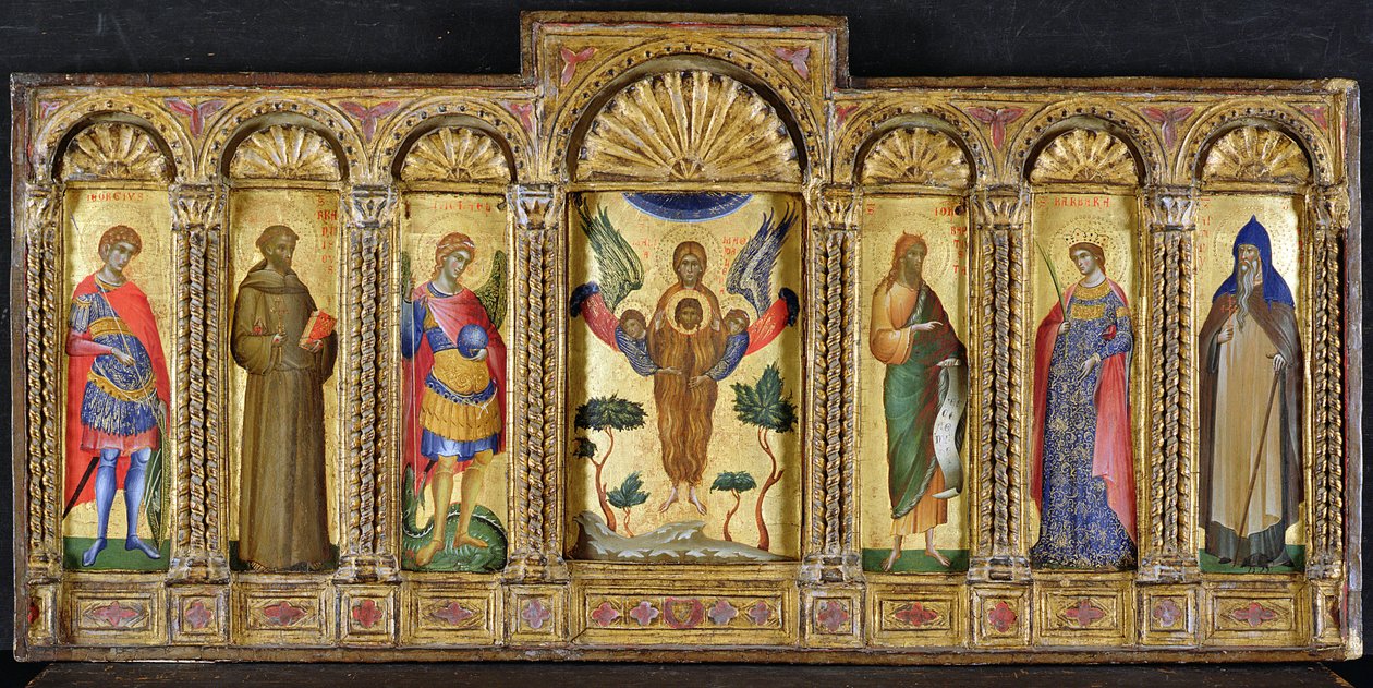 Tríptico com Maria Madalena segurando a cabeça de Cristo, flanqueada por santos, (tempera no painel) de Paolo Veneziano