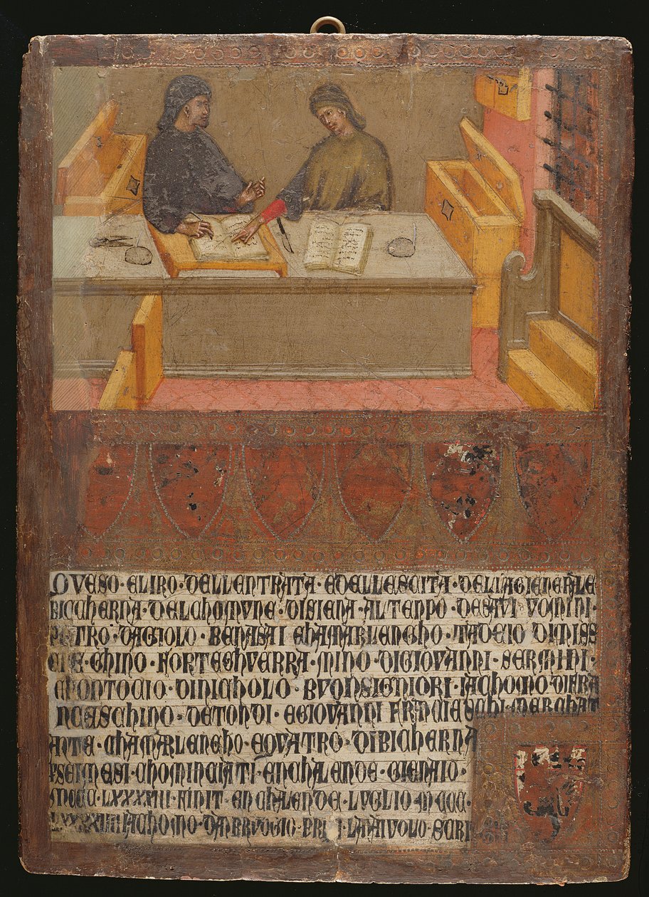 Diretor Financeiro e Scribe em sua mesa na Biccherna (escritório de receita) (tempera no painel) de Paolo di Giovanni Fei