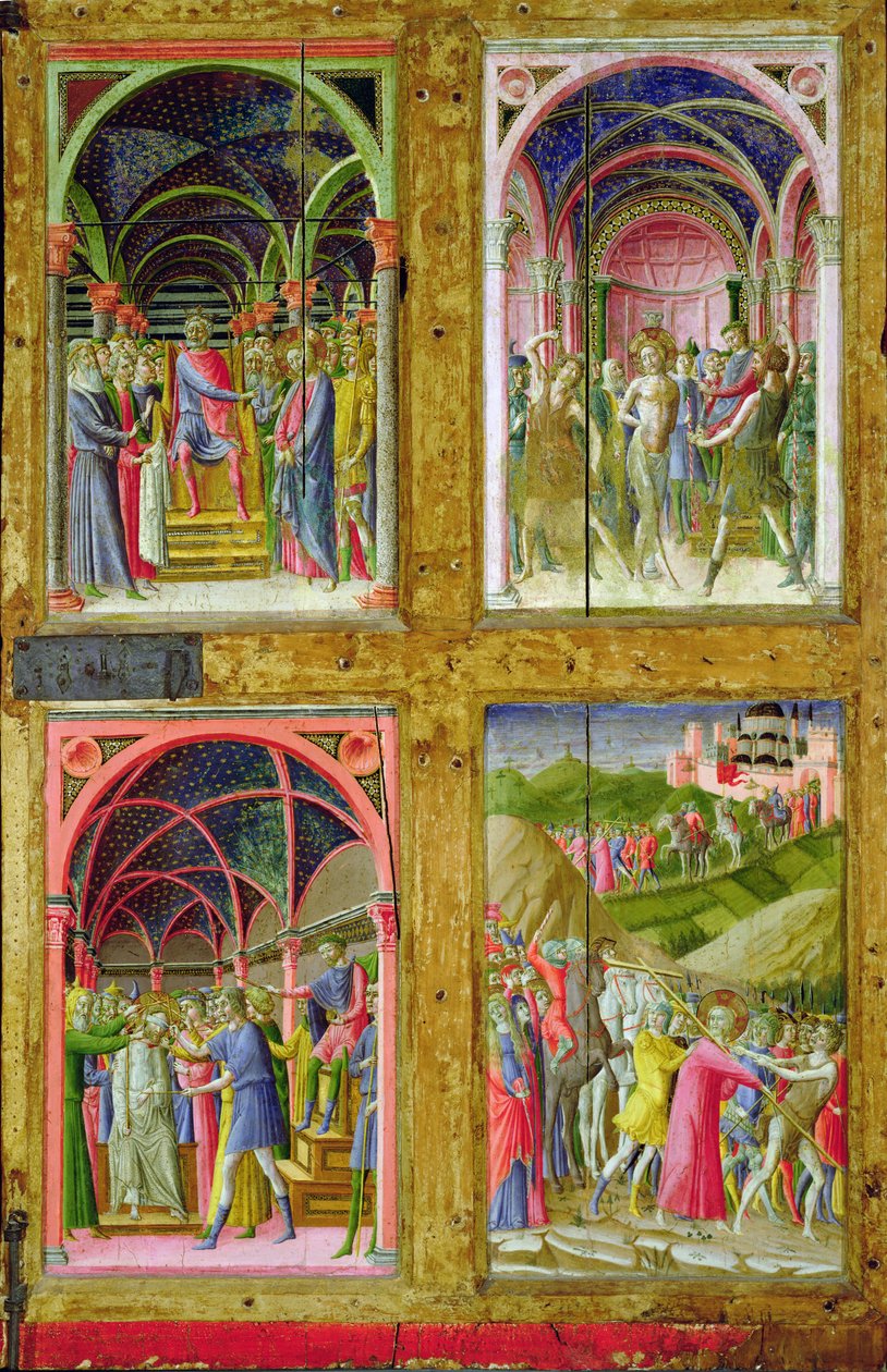 O Nascimento da Virgem e dos Quatro Santos (têmpera e folha de ouro no painel) de Paolo di Giovanni Fei
