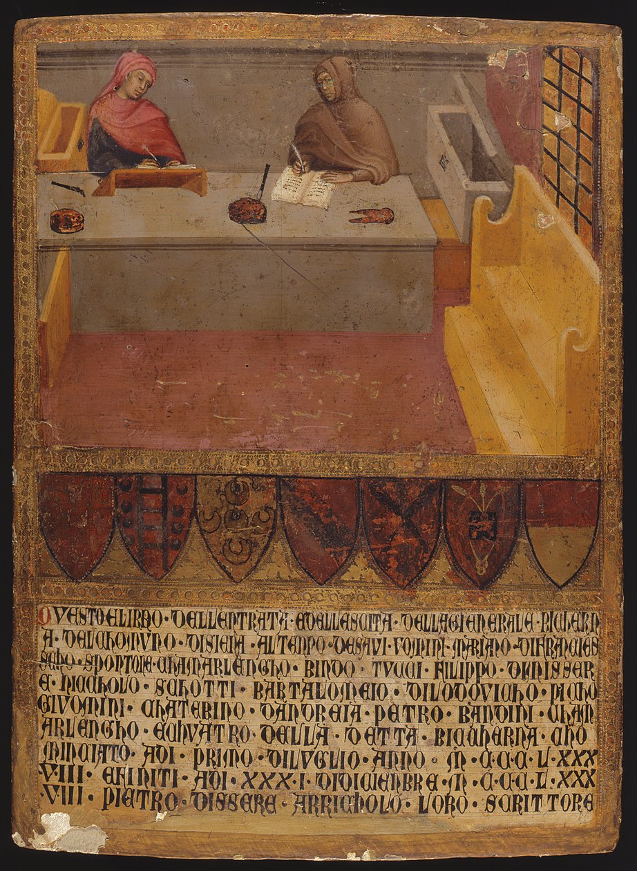 Diretor Financeiro e Scribe em sua mesa na Biccherna (escritório de receita) (tempera no painel) de Paolo di Giovanni Fei
