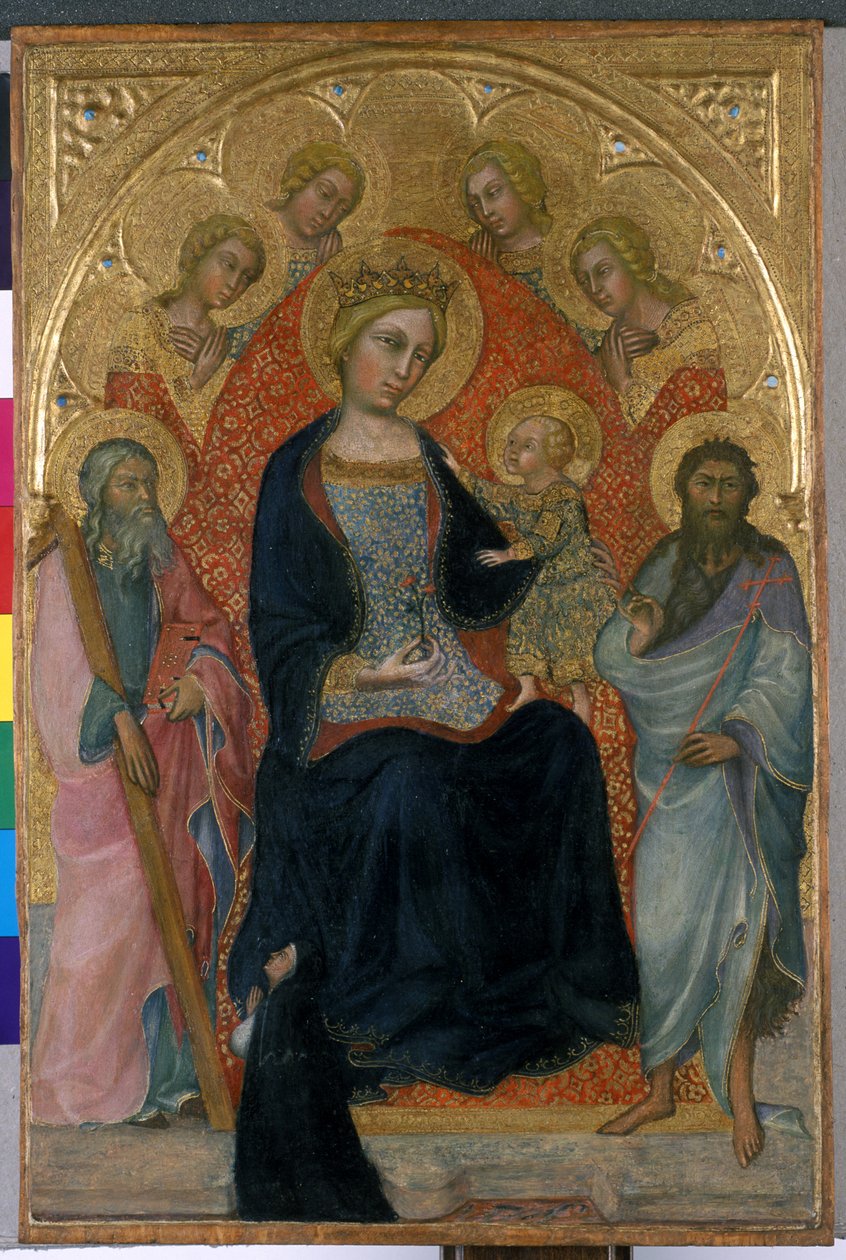 Madonna e Criança Entronizada com quatro anjos, dois santos e um benfeitor, c.1400 (têmpera sobre madeira) de Paolo di Giovanni Fei