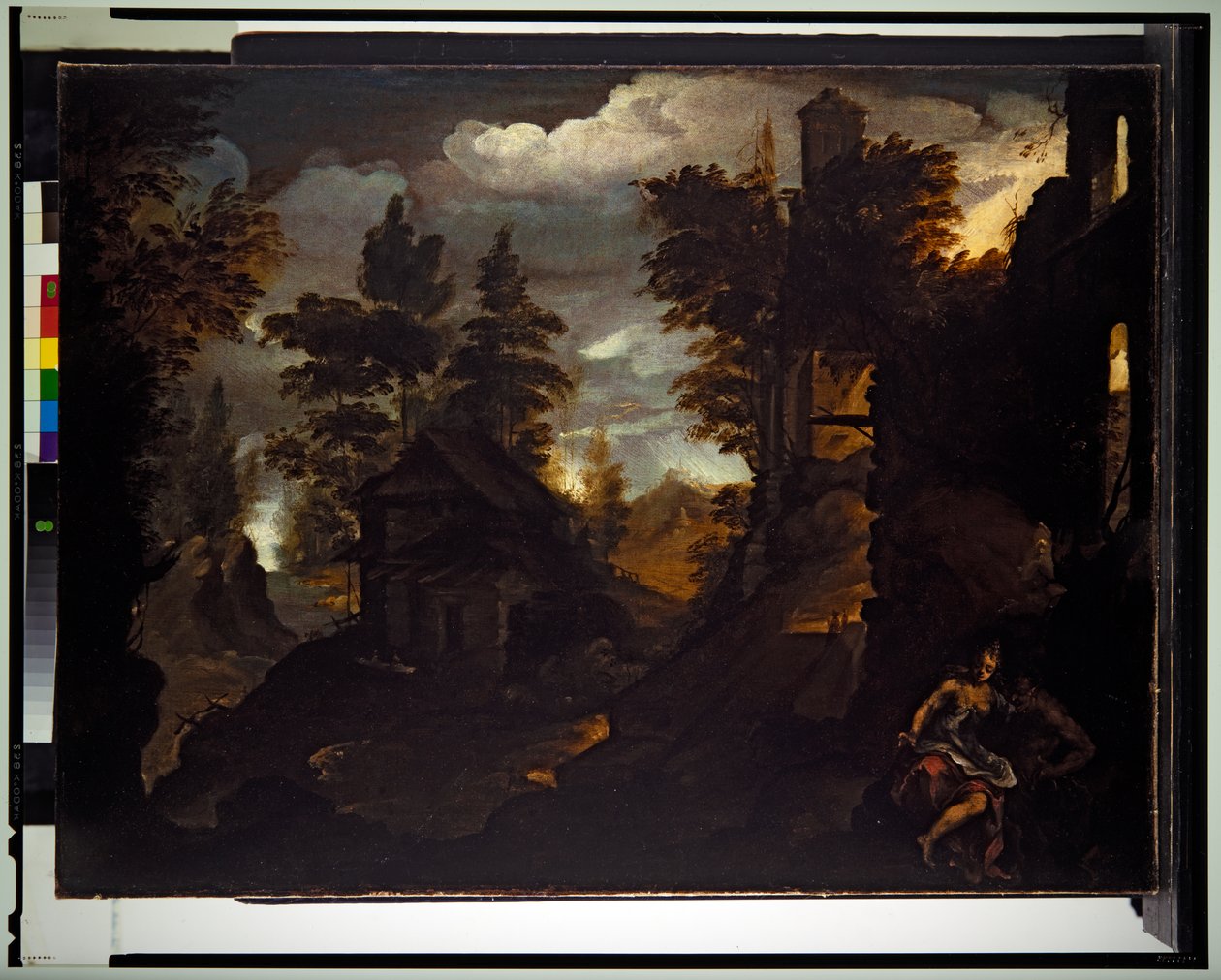 Uma ninfa e um sátiro junto a um edifício em ruínas numa paisagem rochosa e arborizada de Paolo (1540 96) Fiammingo