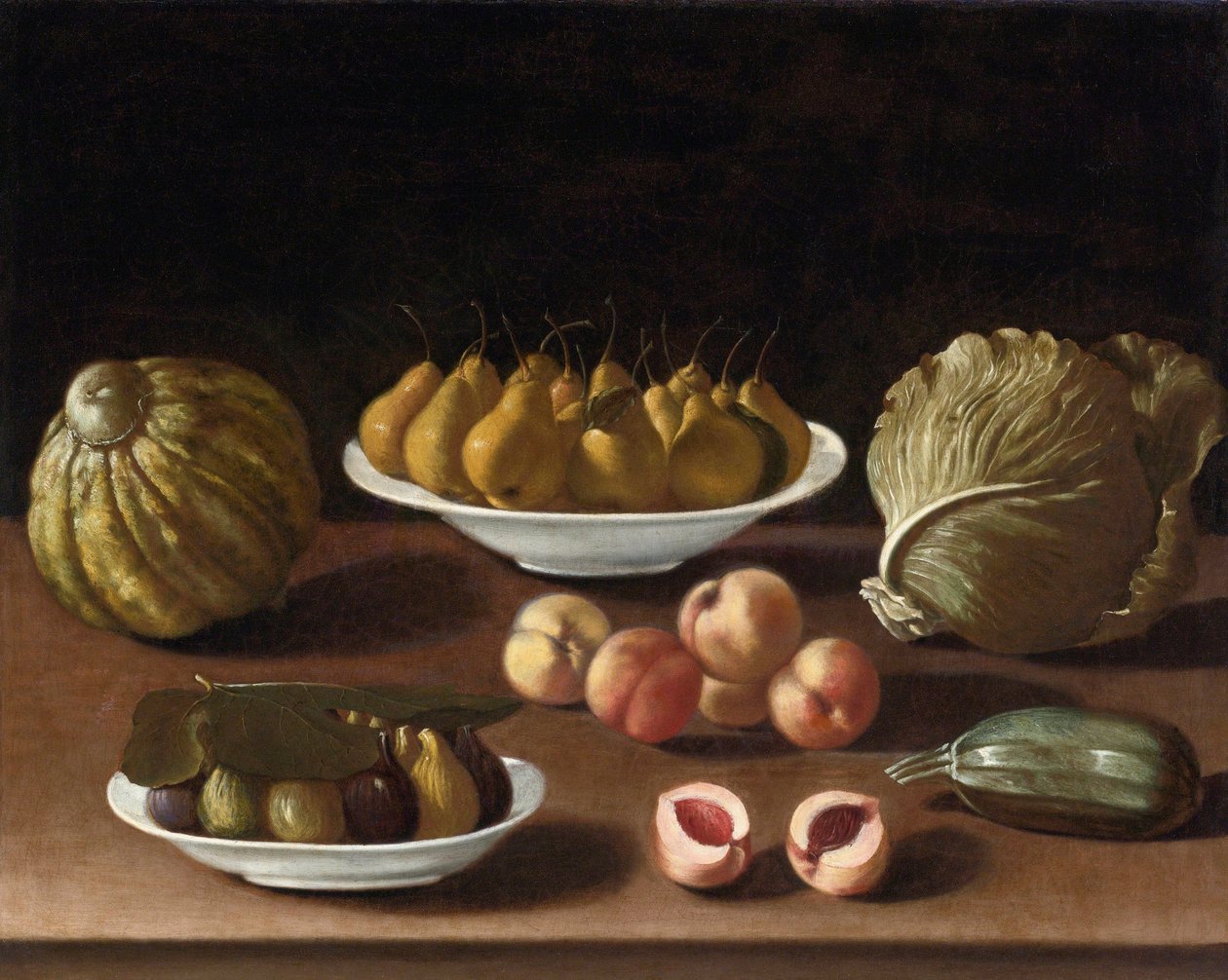 "Nature morte aux poires, peches, figues, melon chou et courge" (Natureza morta aux poires, peches, figos, um melão, couve e medula) Peinture de Paolo Antonio Barbieri (1603-1649) Óleo sobre tela, 76,5x94 - Coleta particular de Paolo Antonio Barbieri