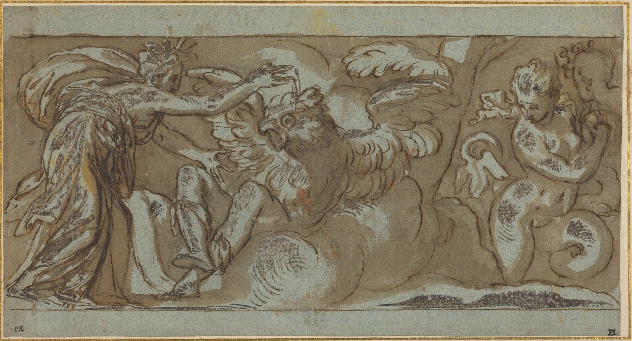 Ceres Changing Ascalaphus into a Bird of Evil Omen (caneta e tinta castanha com lavagem castanha realçada com branco sobre papel azul) de Paolo Farinati