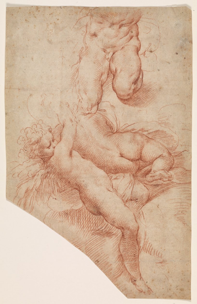 Um anjo ou putto, uma mulher reclinada e a parte inferior do corpo de um homem musculoso de Paolo Farinati