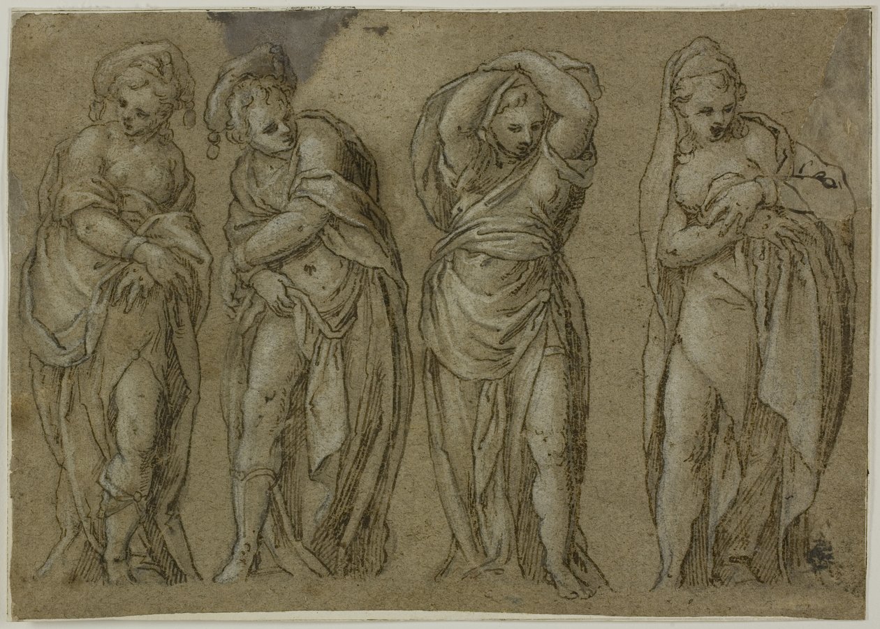 Quatro figuras femininas drapeadas em pé de Paolo Farinati