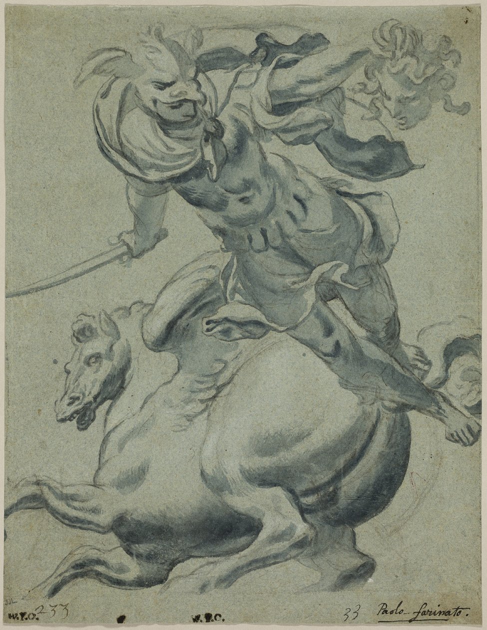 Perseu segurando a cabeça da Medusa, com Pégaso ao fundo de Paolo Farinati