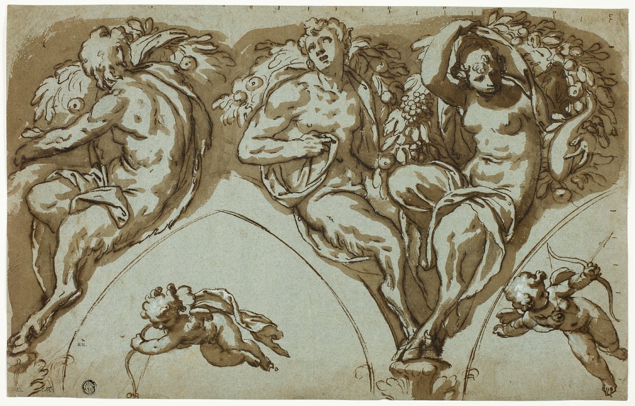 Estudo para decoração de tímpano com sátira, sátiros e putti (frente); cabeça de putto (verso) de Paolo Farinati