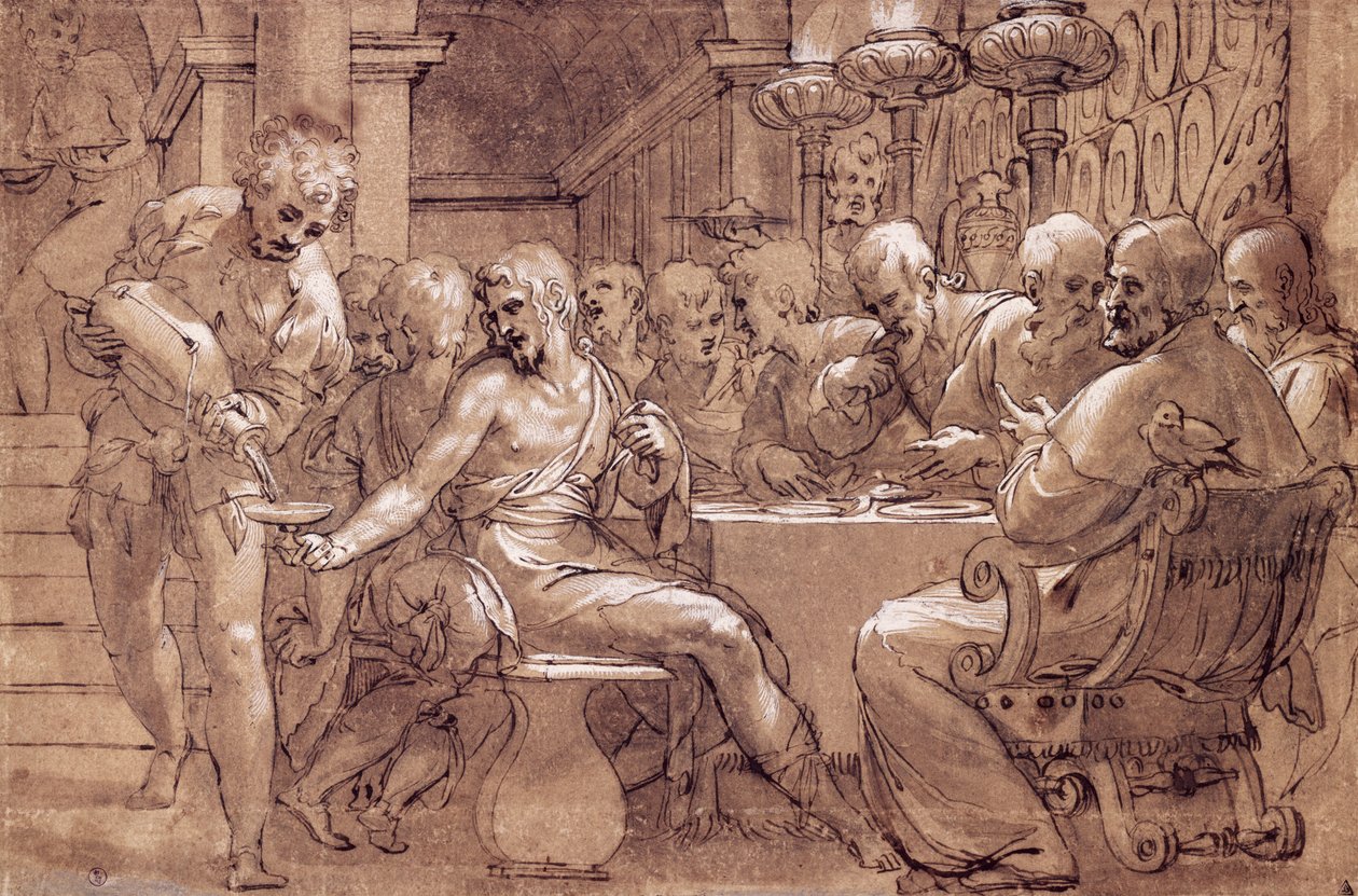 A ceia de São Gregório, desenho de Paolo Farinati (1524-1606), aguarela castanha-acinzentada, caneta, chumbo branco, e lápis preto, Itália de Paolo Farinati