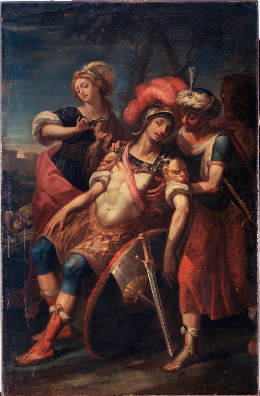 Erminia e Vafrino descobrem o Tancredo ferido (canção 19 de Jerusalém Entregue por Torquato Tasso) (óleo sobre tela de Paolo Girolamo Brusco