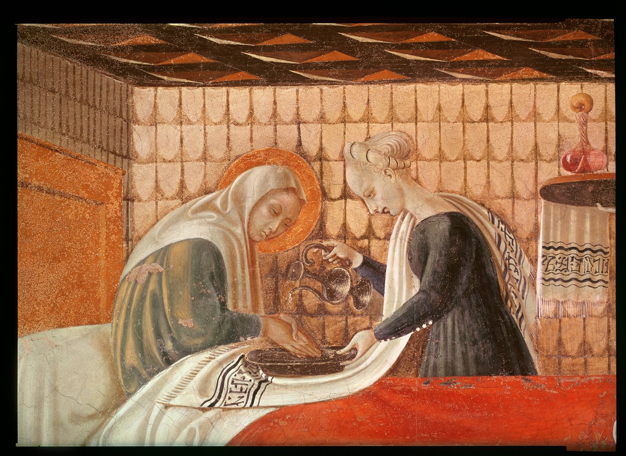 Nascimento da Virgem, detalhe de Santa Ana e um atendente, 1440 afrescos ver também 85549 de Paolo Uccello