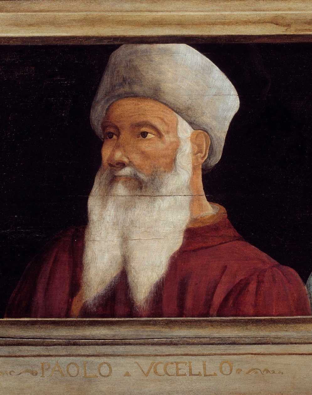 Cassone com 5 retratos do Mestre da Renascença Florentina com o retrato de Paolo di Dono (1397-1475) chamado Paolo Uccello. A inscrição abaixo é provavelmente sucessiva. Musee du Louvre, Paris - Painel Cassone com cinco retratos o de Paolo Uccello