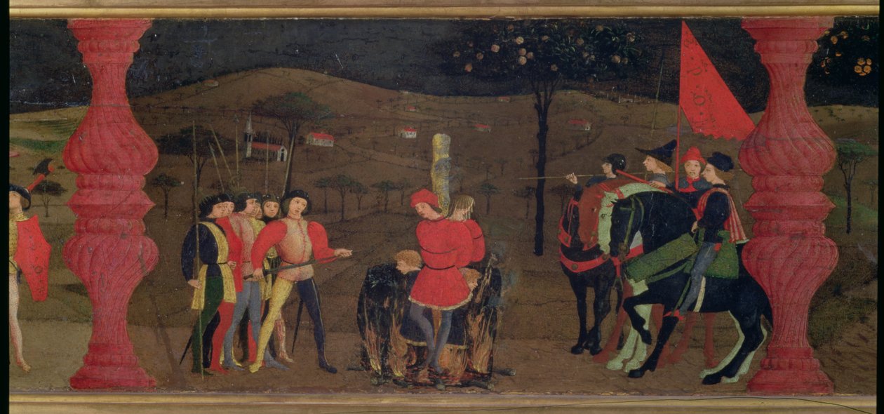 Predella da Profanação do Anfitrião: O peão judeu e a sua família queimados na fogueira para assar a Hóstia Consagrada, c.1468 (tempera no painel) (detalhe) de Paolo Uccello
