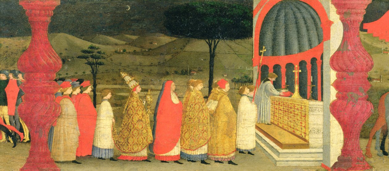 Predella da Profanação do Anfitrião: O Papa Retornando o Anfitrião Consagrado ao Altar, c.1468 (têmpera no painel) (detalhe) de Paolo Uccello