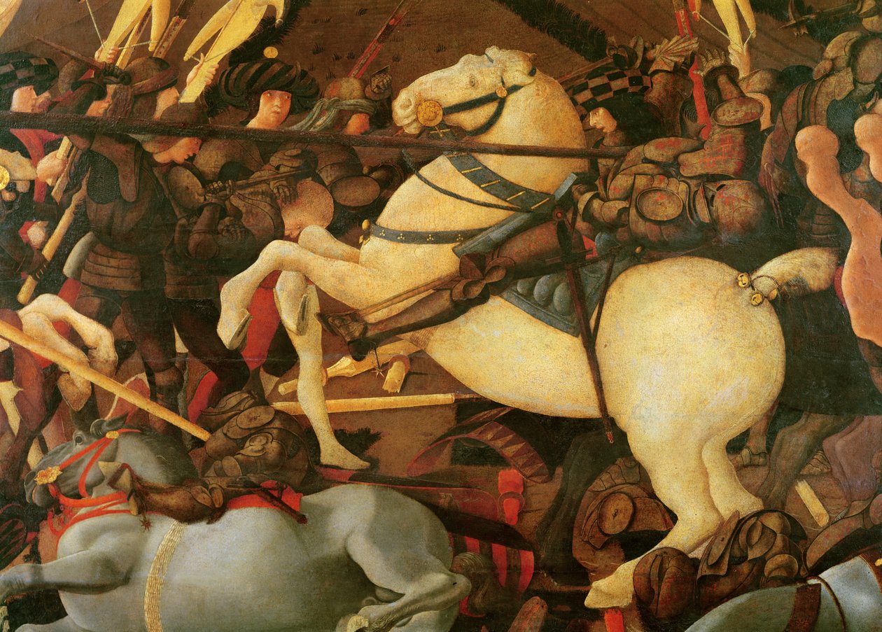 A Batalha de San Romano, detalhe de Bernardino della Ciarda, em seu cavalo, c.1456, têmpera no painel de Paolo Uccello