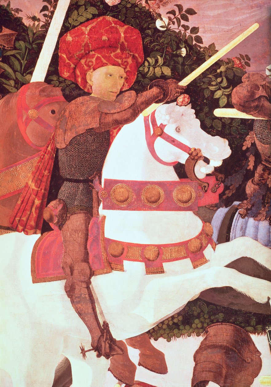 A Batalha de San Romano, detalhe de Niccolo da Tolentino d.1435, líder dos mercenários florentinos, c.1450-60 têmpera em detalhes de painel de 30690 de Paolo Uccello