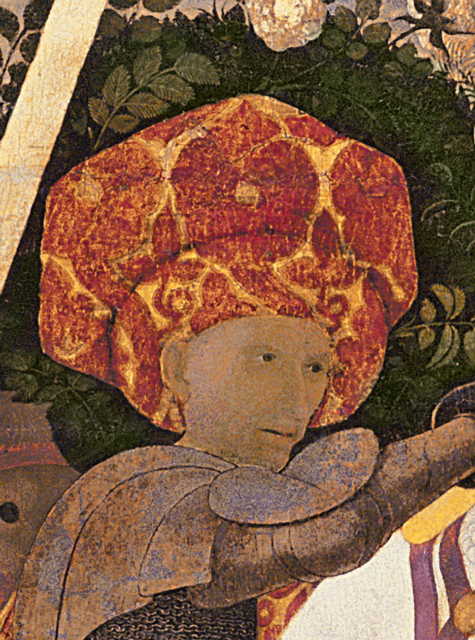 A Batalha de San Romano, detalhe da cabeça de Niccolo da Tolentino d.1435 líder dos mercenários florentinos, c.1450-60 têmpera em detalhe de painel de 30690 de Paolo Uccello