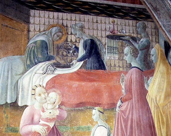 O nascimento da Virgem, detalhe do ciclo As Vidas da Virgem e Santo Estêvão, da Cappella dell "Assunta de Paolo Uccello