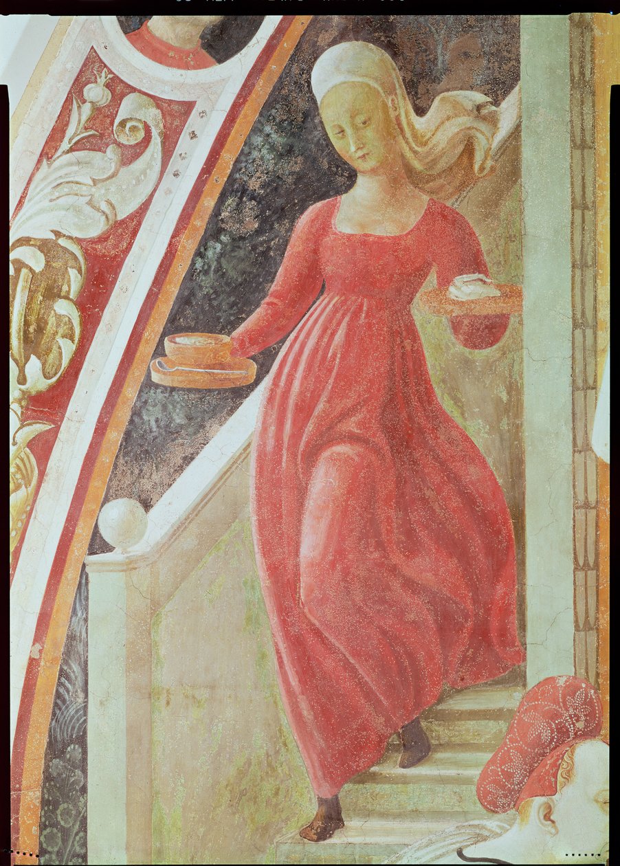 O Nascimento da Virgem, detalhe de uma criada descendo uma escada, do ciclo de afresco das Vidas da Virgem e de Santo Estêvão, da Capela da Capela da Assunção 1433-3 de Paolo Uccello