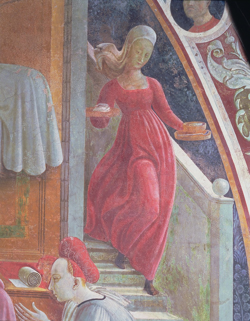 O nascimento da Virgem, detalhe de uma serva do ciclo do afresco Vidas da Virgem e Santo Estêvão, da Cappella dell "Assunta de Paolo Uccello
