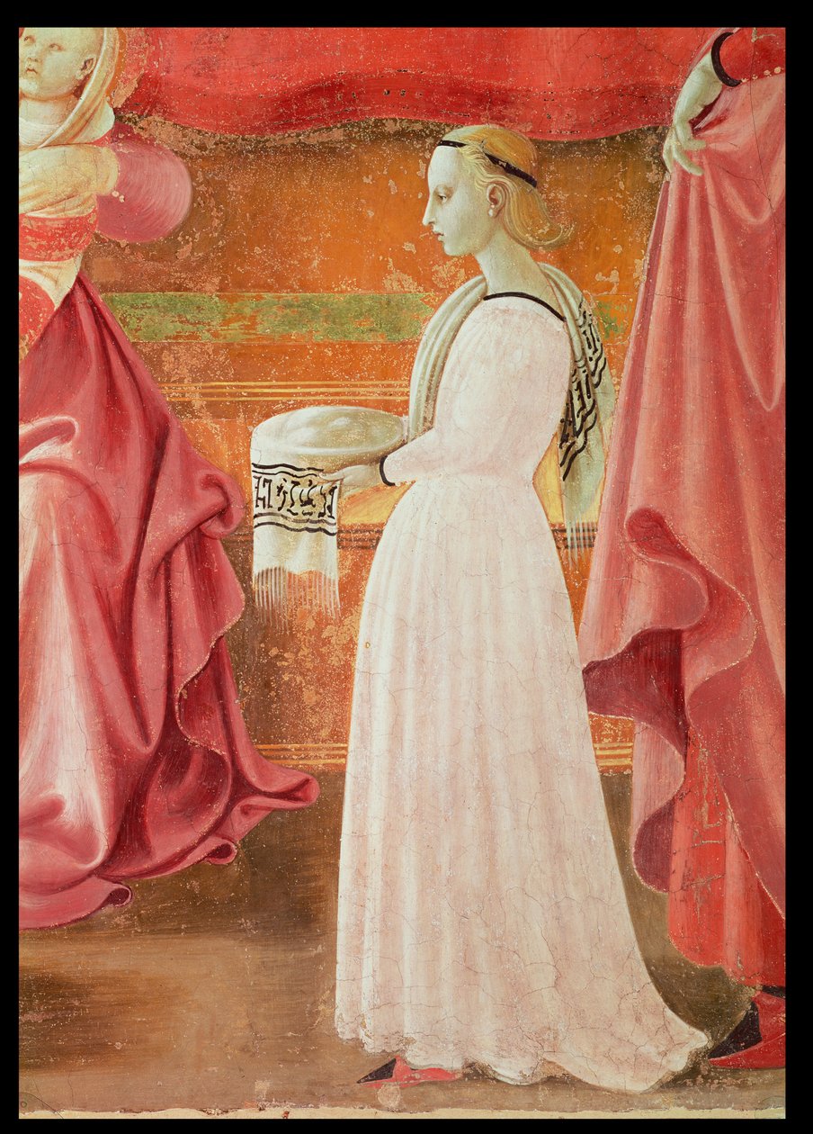 O Nascimento da Virgem, detalhe de uma empregada em pé do ciclo de afresco das Vidas da Virgem e de Santo Estevão, da capela dellAssunta Capela da Assunção 1433-34 afresco de Paolo Uccello
