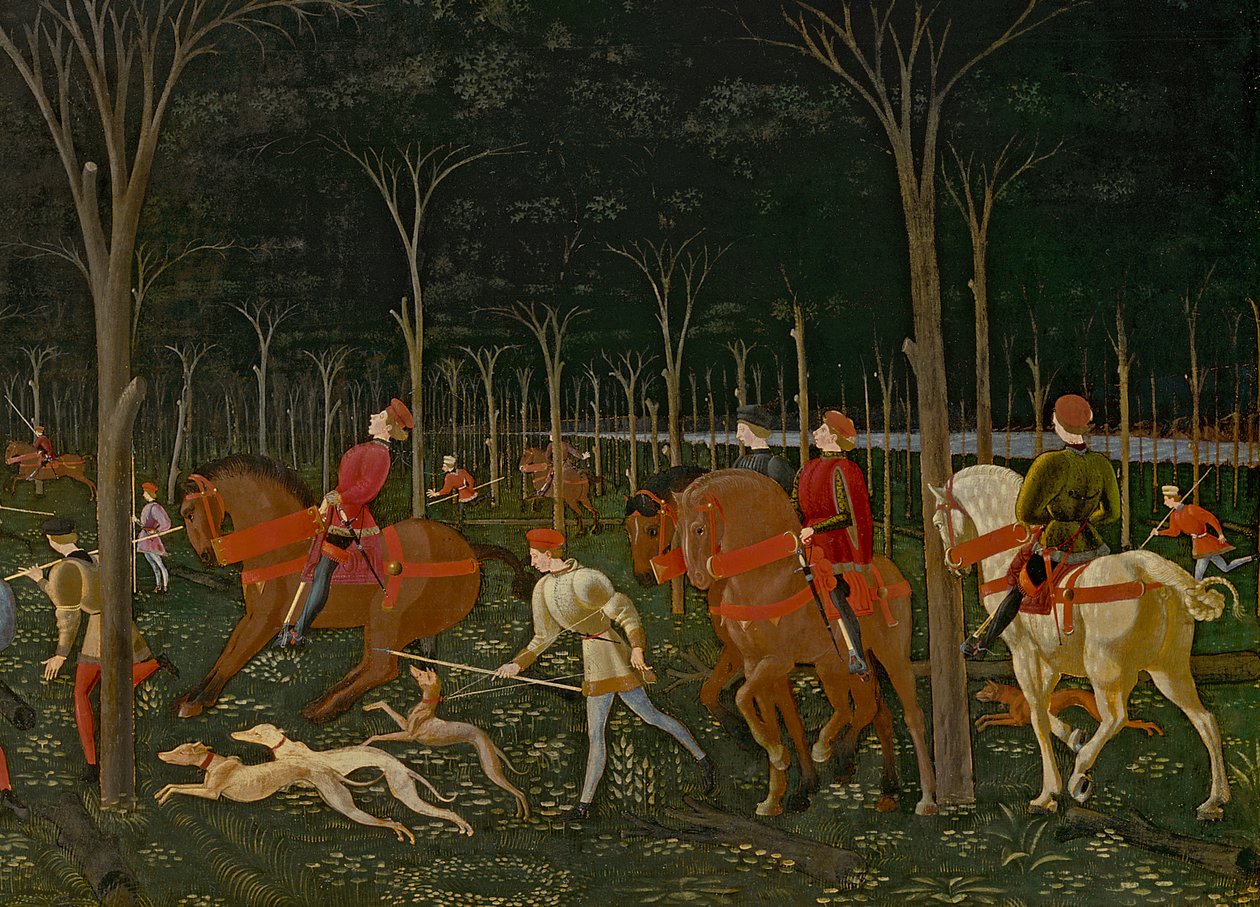 A caça na floresta, c.1465-70 óleo no detalhe do painel de 100861 de Paolo Uccello