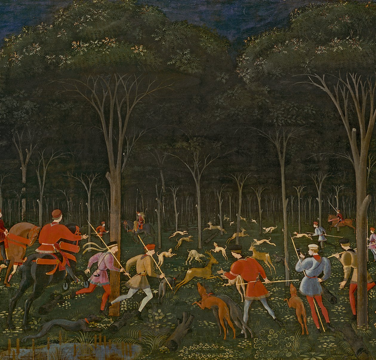 A caça na floresta, c.1465-70 óleo no detalhe do painel de 100861 de Paolo Uccello