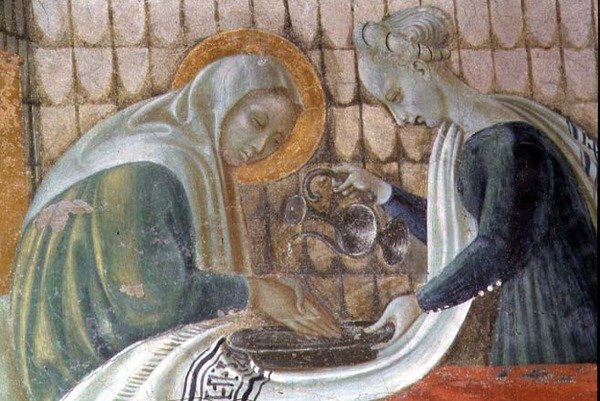 A Natividade da Virgem, detalhe representando Santa Ana lavando as mãos, da Capela da Assunção, 1433-34 de Paolo Uccello