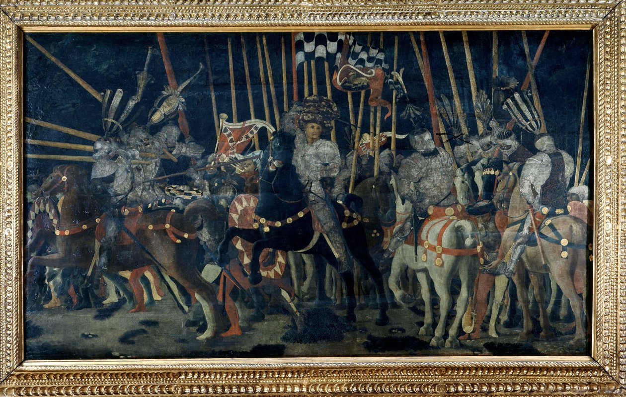 O contra-ataque de Micheletto da Cotignola (A Batalha de San Romano). Segundo episódio que ilustra o contra-ataque de Micheletto da Cotignola. Pintura de Paolo di Dono dit Paolo Uccello (1397-1475) de Paolo Uccello