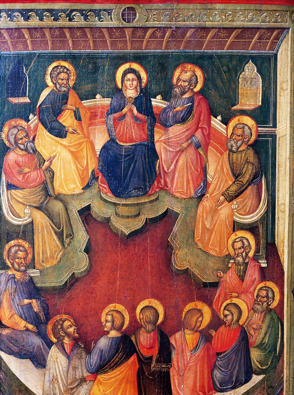 A Virgem cercada por doze apóstolos ou Pentecostes, por Paolo Veneziano (ativo 1333-1358) de Paolo Veneziano