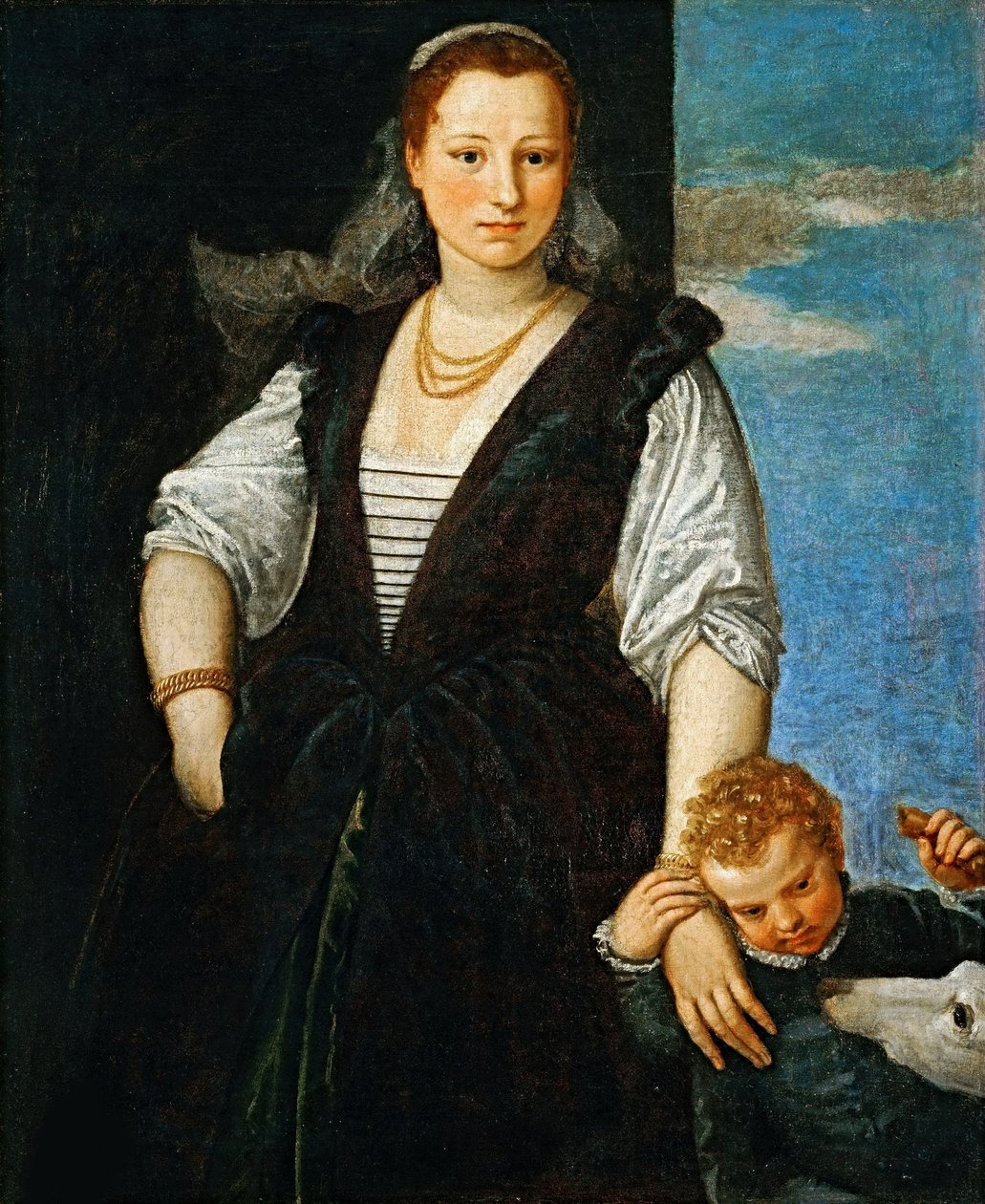 Retrato de uma mulher com uma criança e um cachorro Isabella Guerrieri Gonzaga Canossa, 1547-1548. de Paolo Veronese