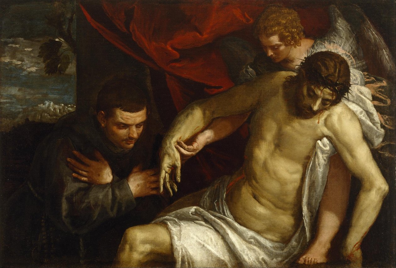 Cristo morto amparado por um anjo e adorado por um franciscano de Paolo Veronese