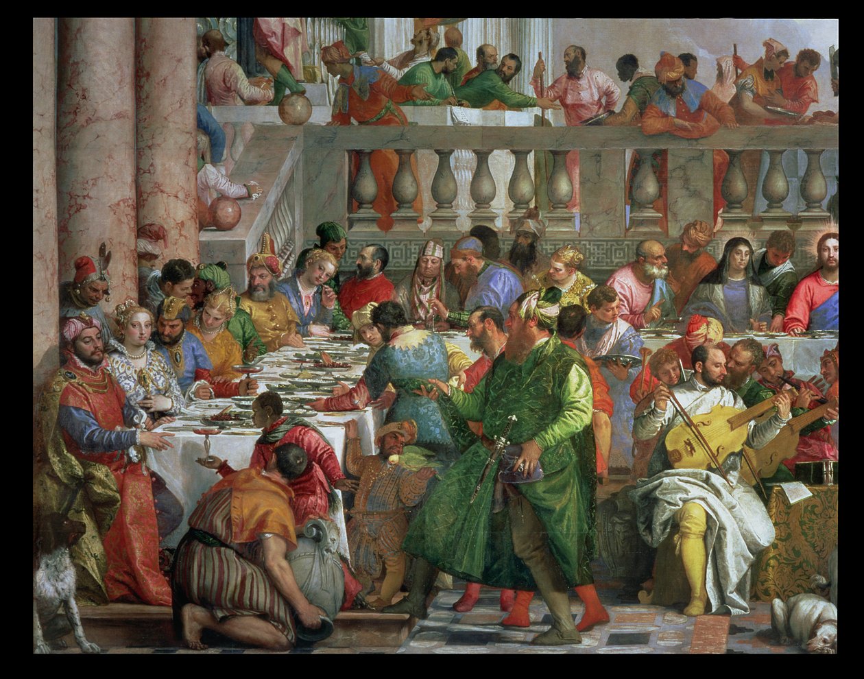 A festa de casamento em Caná, detalhe de mesa de banquete com homem em um manto verde e anão com um papagaio, c.1562 óleo sobre tela detalhe de 94932 de Paolo Veronese