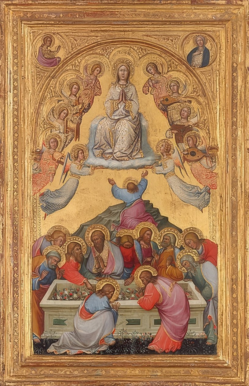 Assunção de Maria com medalhões do Arcanjo Gabriel e Maria da Anunciação. Por volta de 1400-05 de Paolo di Giovanni Fei