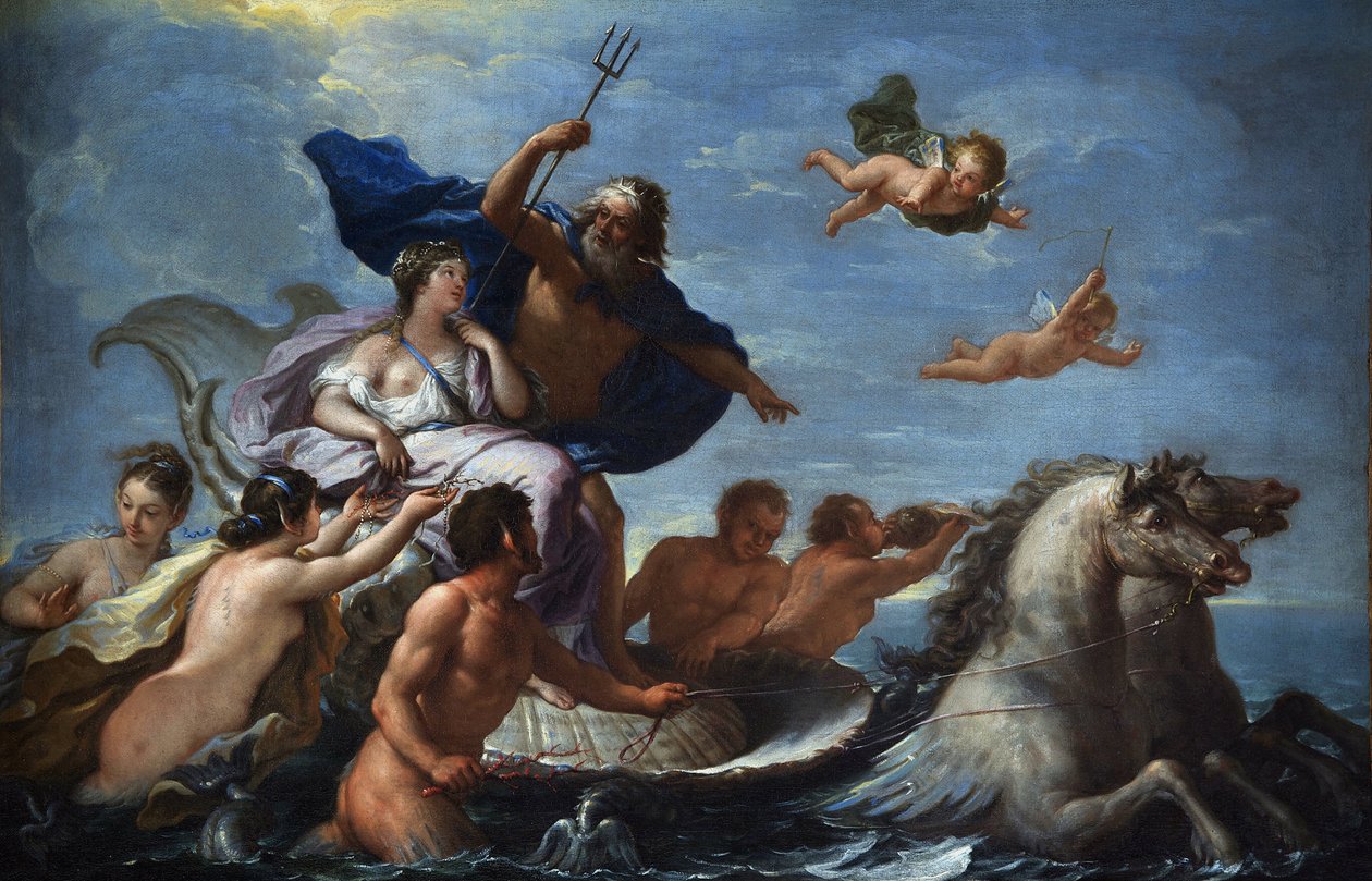 De Matteis, Paolo (1662-1728) Triunfo de Netuno e Óleo de Anfiteatro sobre tela Barroco Itália, Escola de Neaple Villa Margherita, Bordighera 51x76 Pintura de Paolo di Matteis