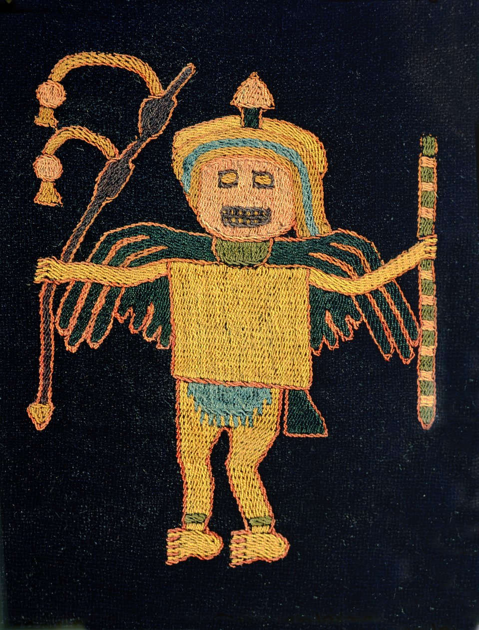 Detalhe de um pedaço de tecido têxtil de lã de Paracas Culture
